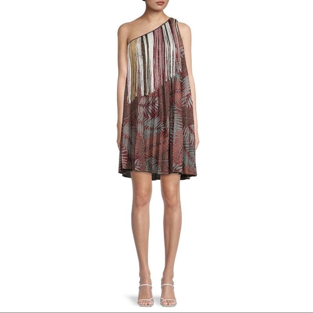 Missoni One-Shoulder Fringe Mini Dress in Rust, Cream & Sage